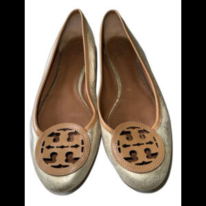 Tory Burch LOUISA Logo Ballet Flat Shoe Gold Shimmer Patent Leather 8.5M US